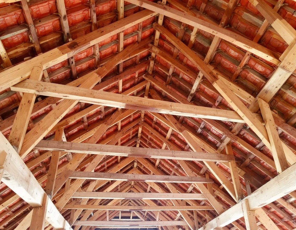 A Mangalore-tiled roof seen from below, on its timber rafters and battens.