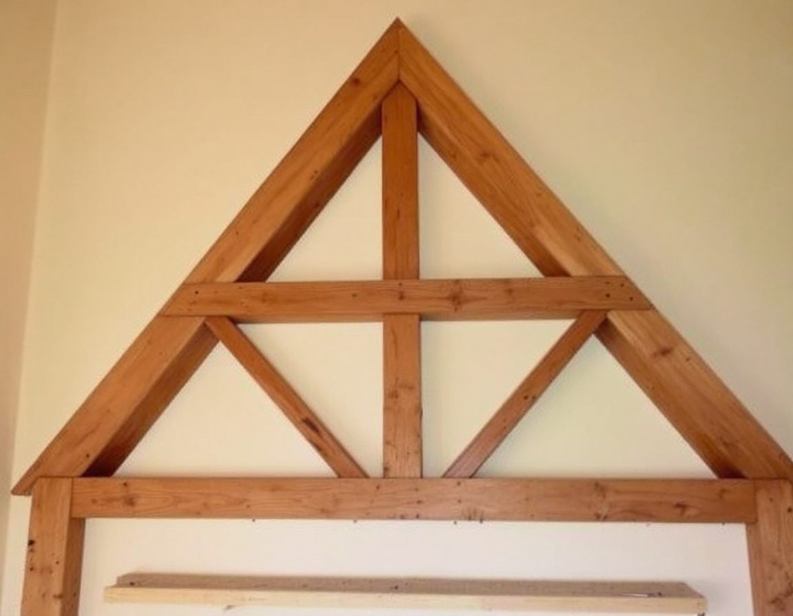 A king-post truss showing tie beam, rafters, king post and struts.