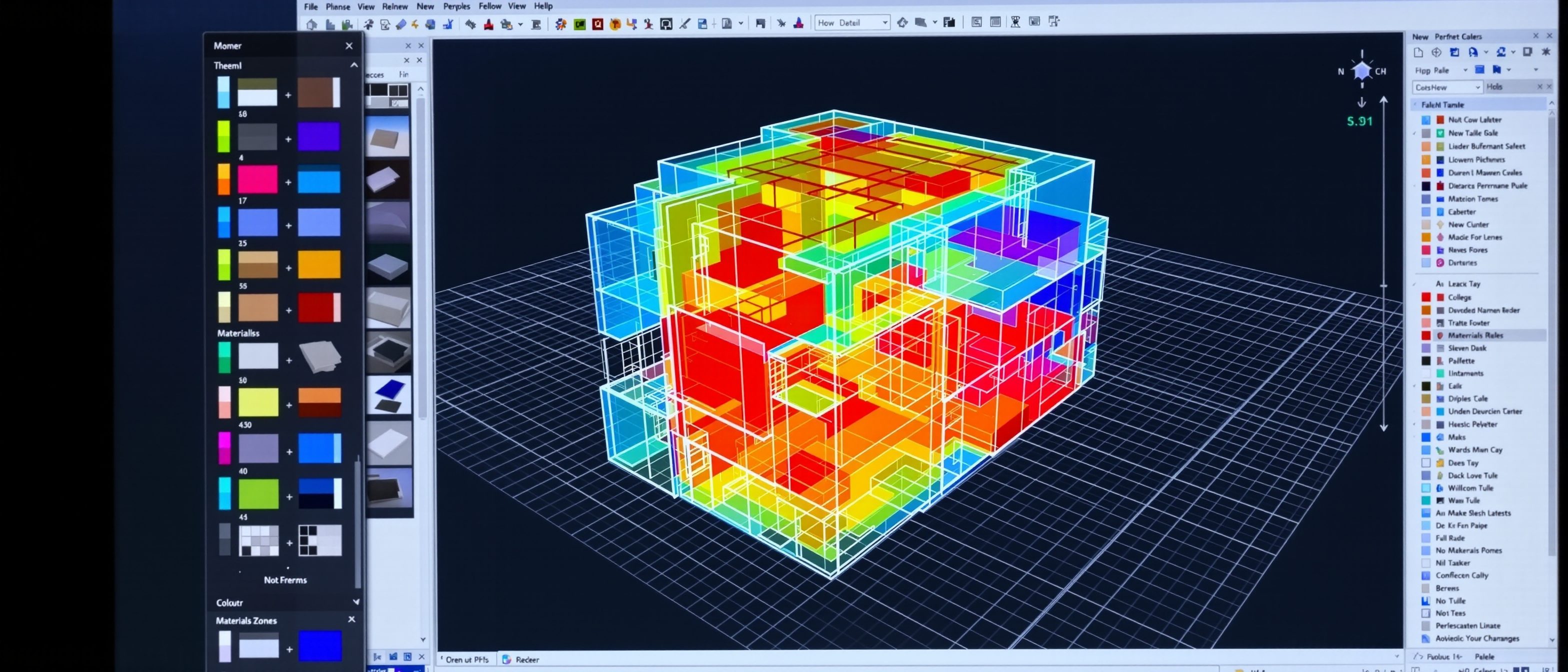 A computer screen showing a simplified 3D thermal-zone model of a building in performance-analysis software, beside a colour-coded materials palette, building a simulation model.