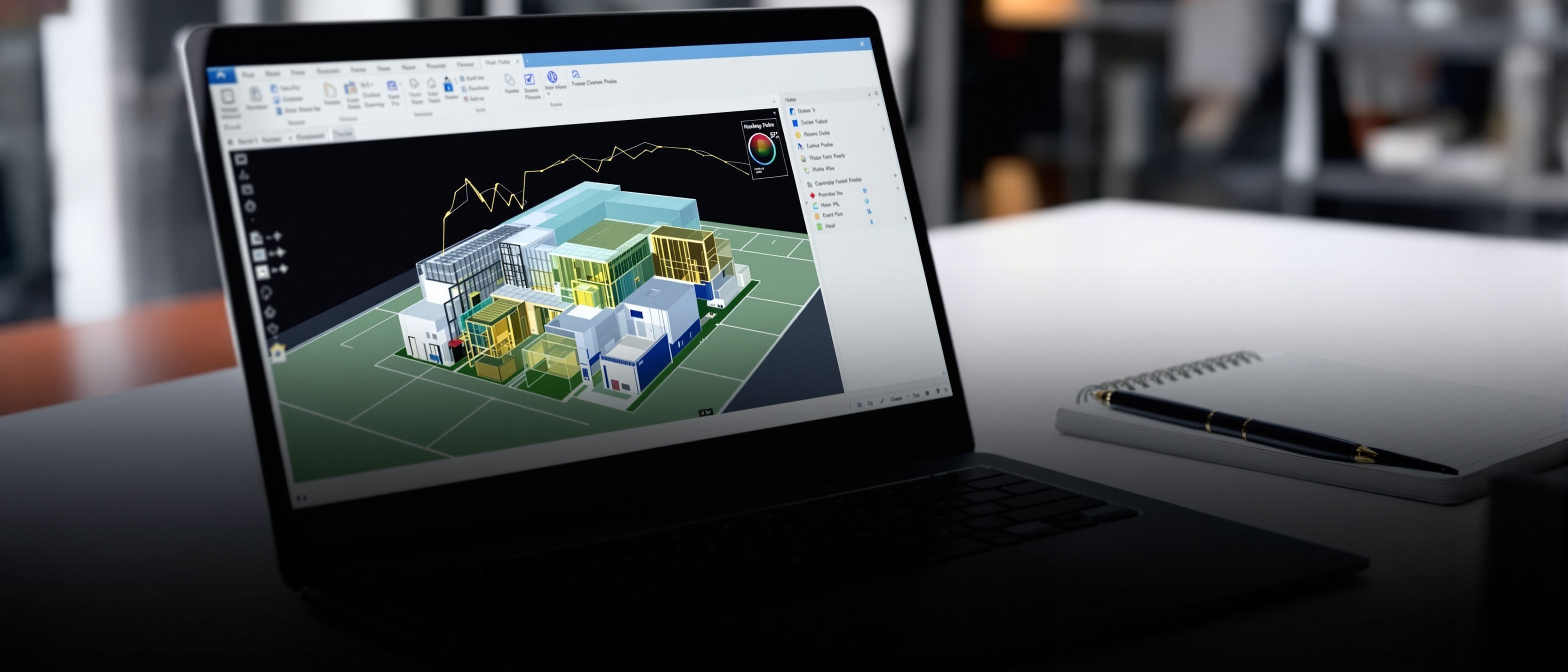 A laptop on a desk showing a building-energy simulation interface with a 3D model and weather-data charts, beside a notebook, the start of a performance analysis.