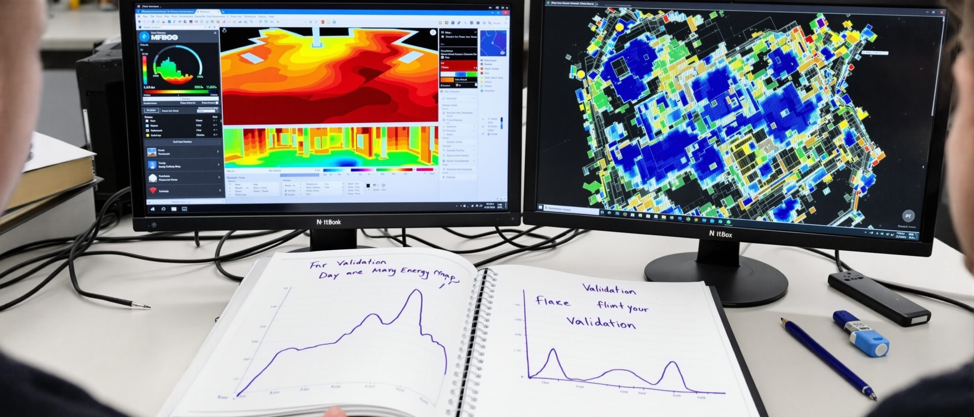 A building-simulation workstation with two monitors — one showing an energy dashboard and one a daylight false-colour map — beside a notebook comparing predicted and measured data.