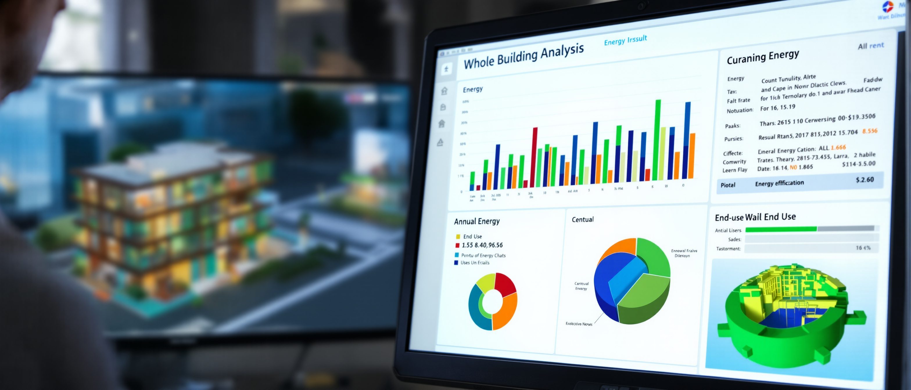 A monitor showing a whole-building energy-analysis dashboard with an annual energy bar chart and an end-use pie chart beside a 3D building model, an energy simulation result.