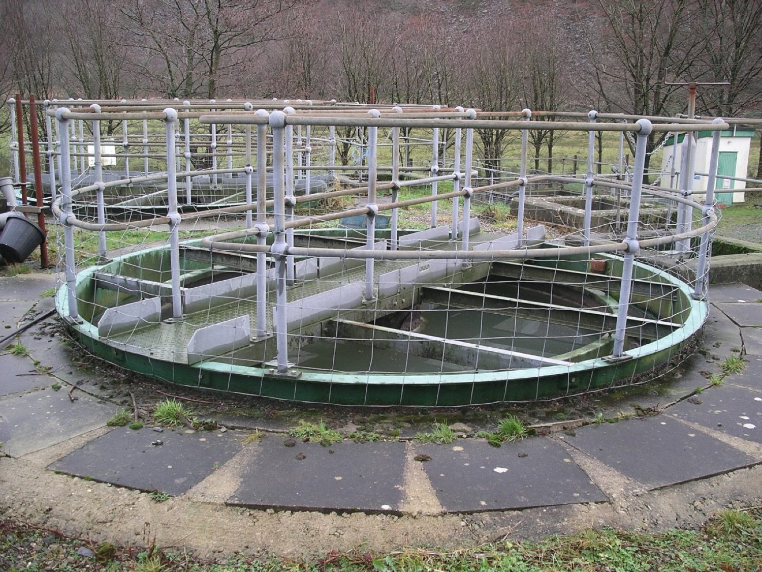 Sedimentation tanks at a water-treatment works, where coagulated flocs settle out before filtration.