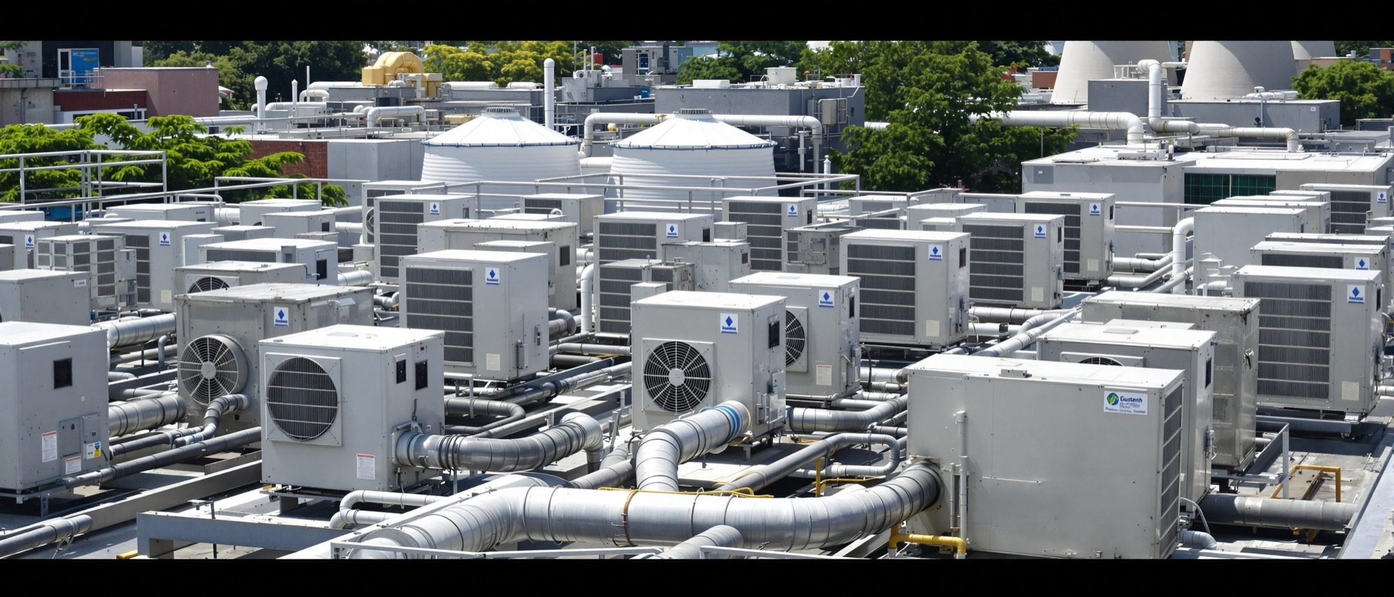 Rows of outdoor air-conditioning condenser units on a building, with rooftop cooling towers behind — the heat-rejection side of air-conditioning.