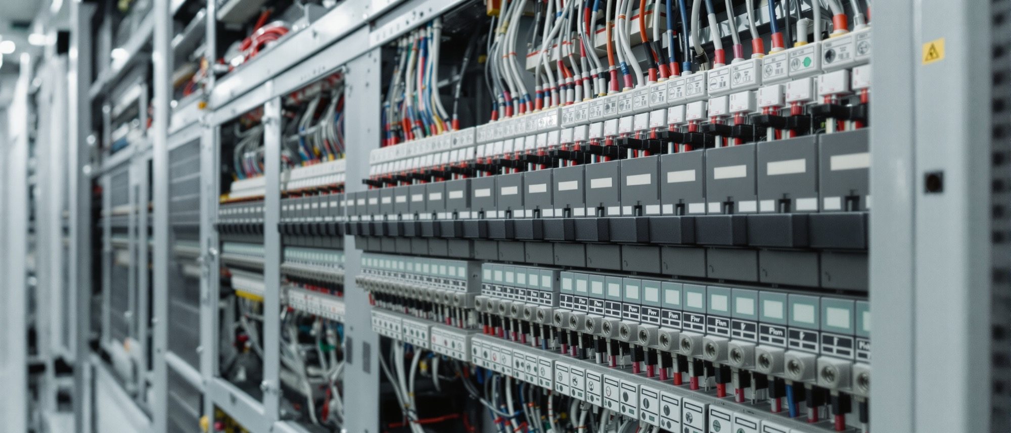 An electrical distribution board with rows of circuit breakers, beside a well-lit modern interior — power and light.