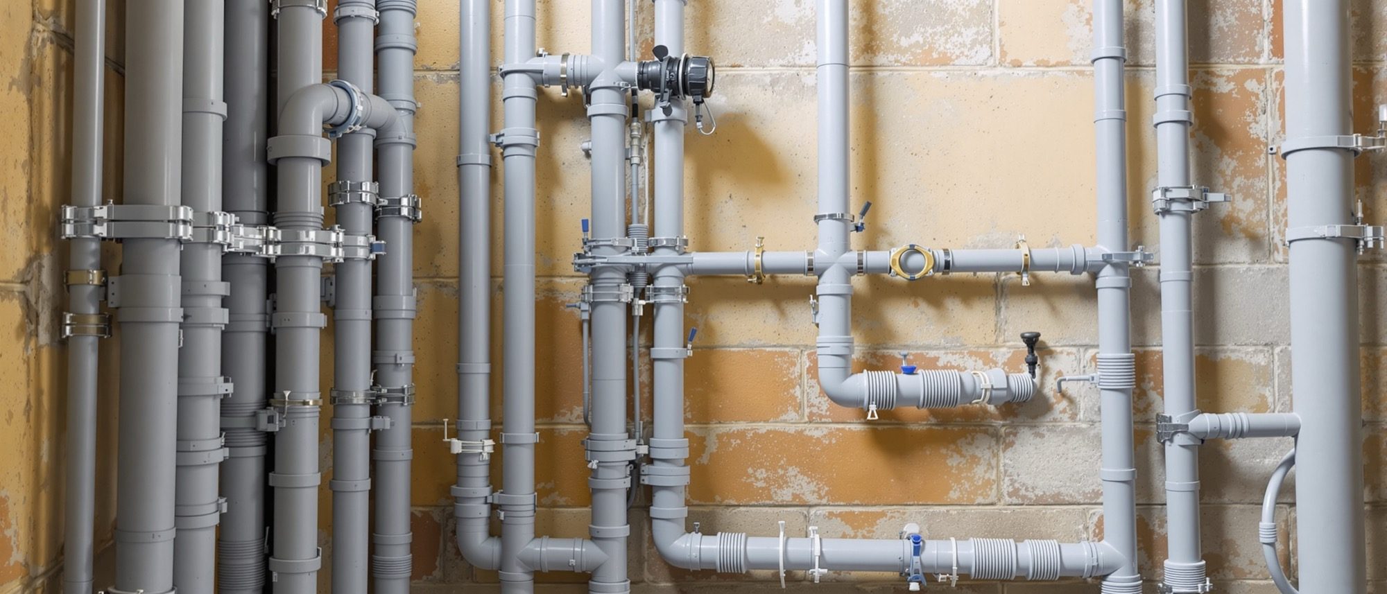 A vertical stack of soil and vent pipes running down a building service shaft — the plumbing system of a multistorey building.