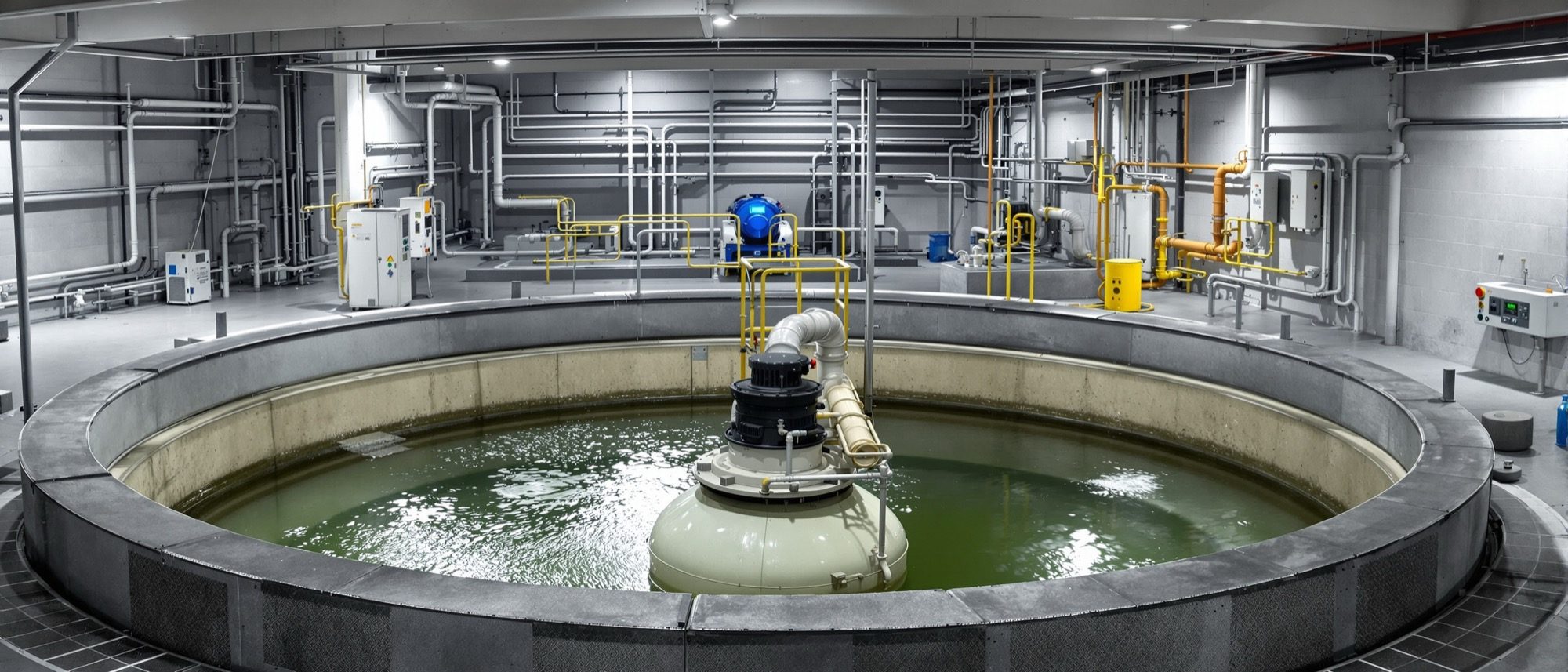 An on-site sewage treatment plant in a building basement — aeration and settling tanks treating waste for reuse, closing the water loop.