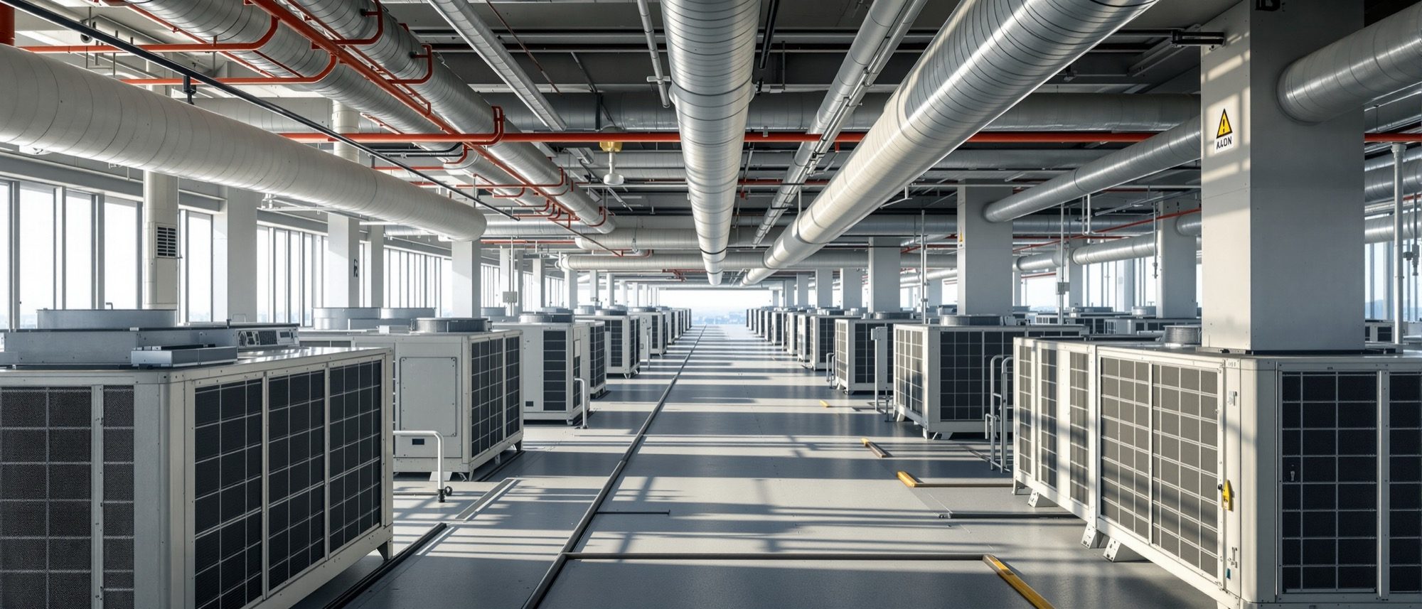 A high-rise mechanical floor — large HVAC chillers, air-handling units and ducts: the plant that cools a sealed tower and shapes the building around it.