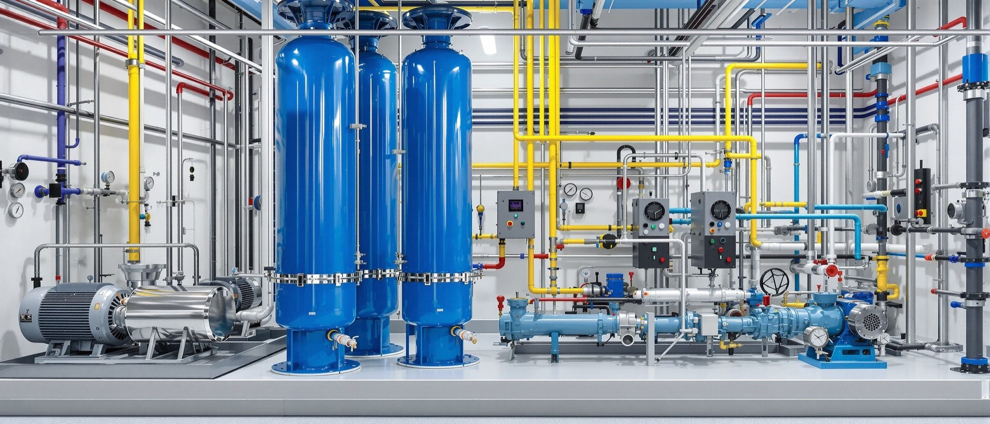 A high-rise plant room — booster pumps, blue hydro-pneumatic pressure vessels and pipework: the machinery that lifts water up a tower and tames its pressure.