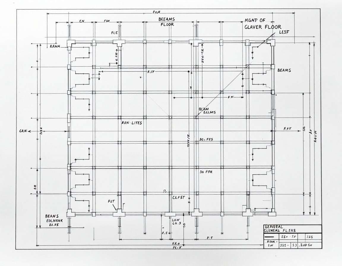 A structural general-arrangement drawing of a floor's beams and columns.