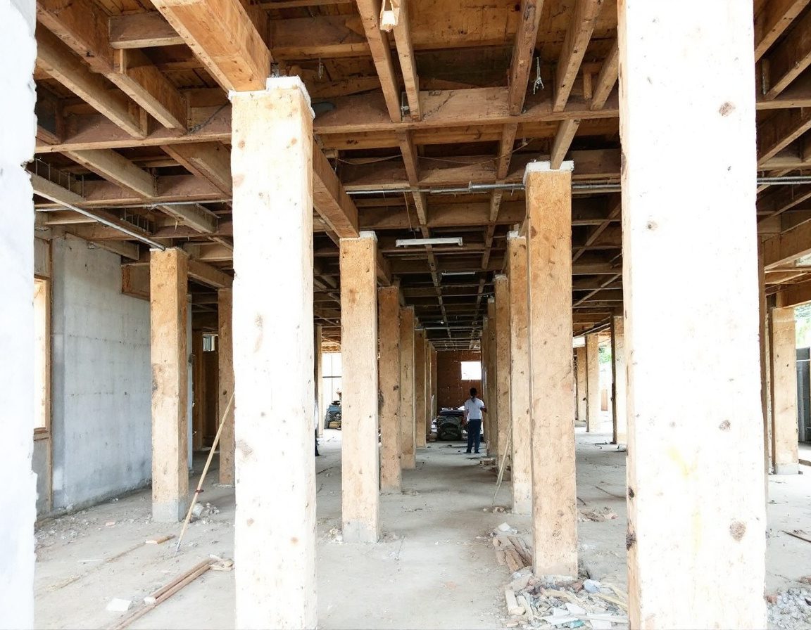 Timber shuttering and props supporting a slab before the pour.