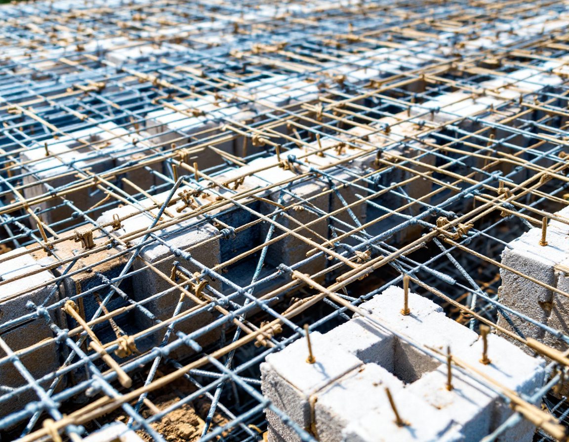 A slab reinforcement mesh laid over beams before concreting.