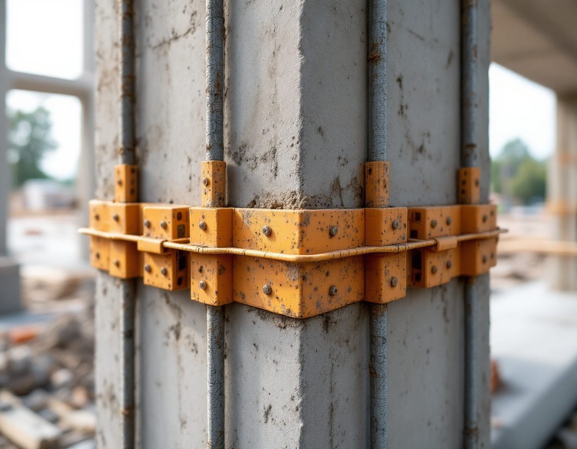 A close-up of a column cage — vertical bars held by square ties.