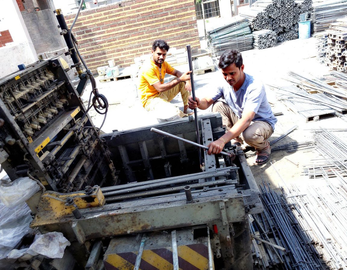 Workers cutting and bending steel reinforcement bars on site.