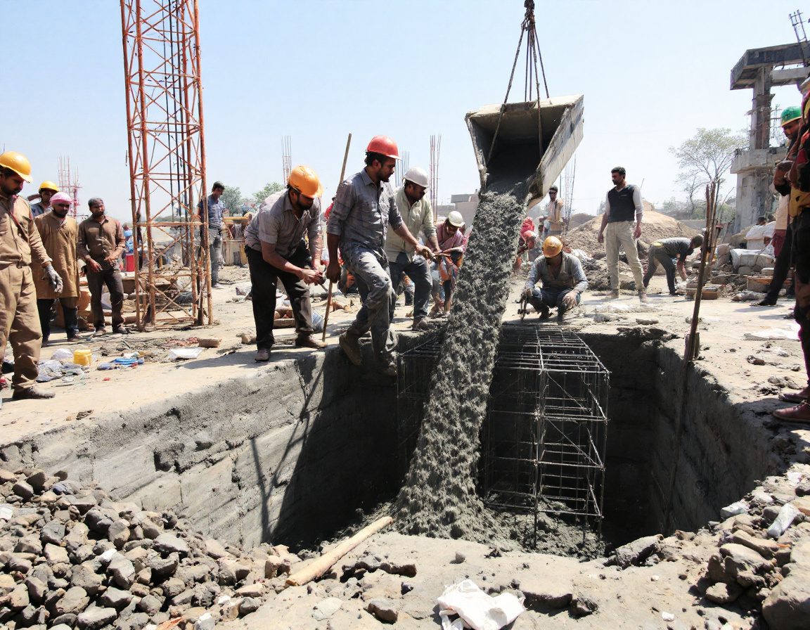 Concrete being poured into a footing over its steel cage.