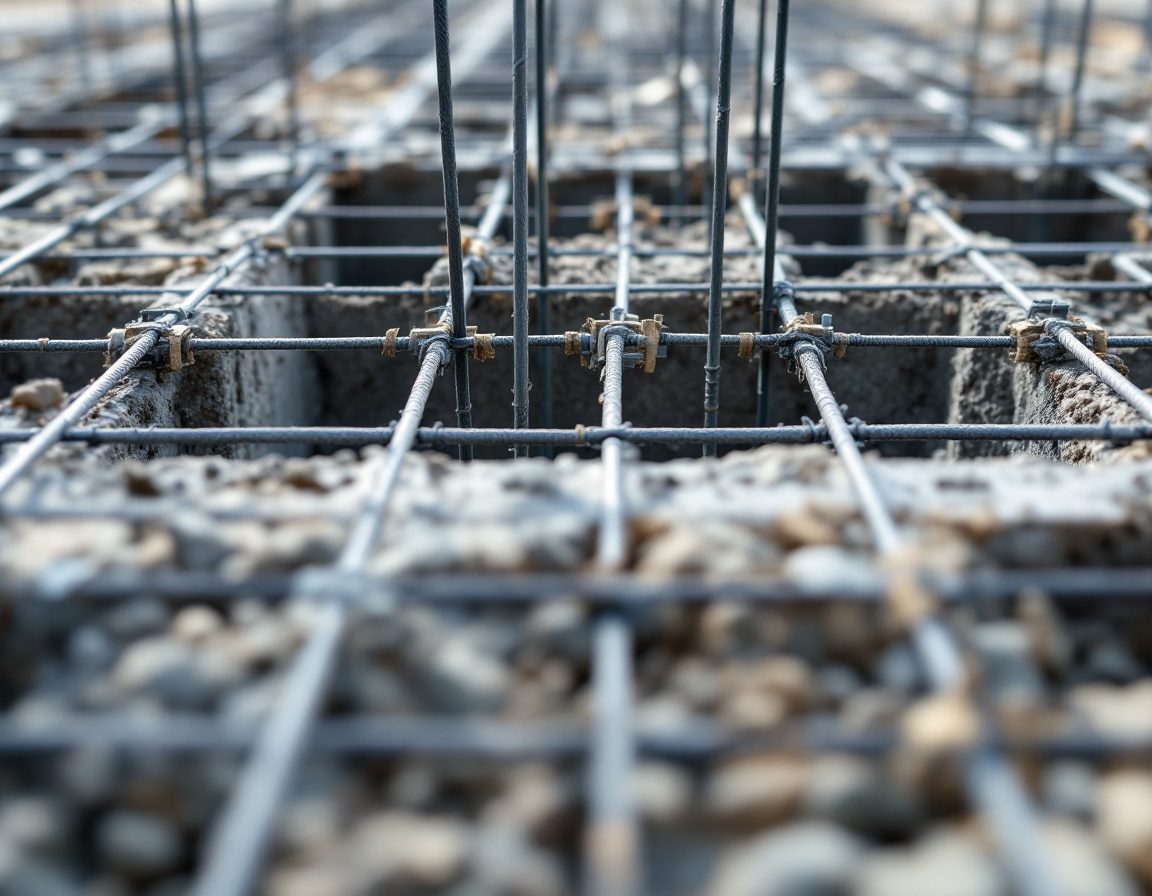 A close-up of an isolated footing's bottom reinforcement mesh.