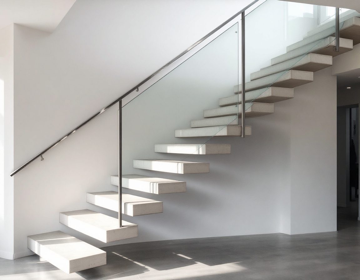 A modern floating / cantilever staircase with treads off a wall.