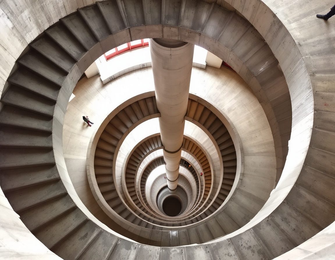 A finished spiral staircase winding around a central support.
