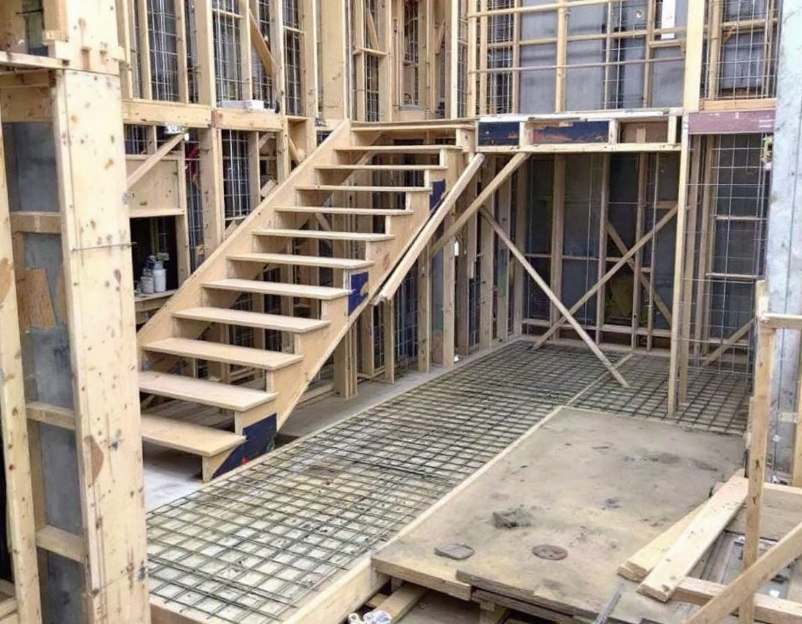 Timber formwork and reinforcement for an RCC staircase flight.