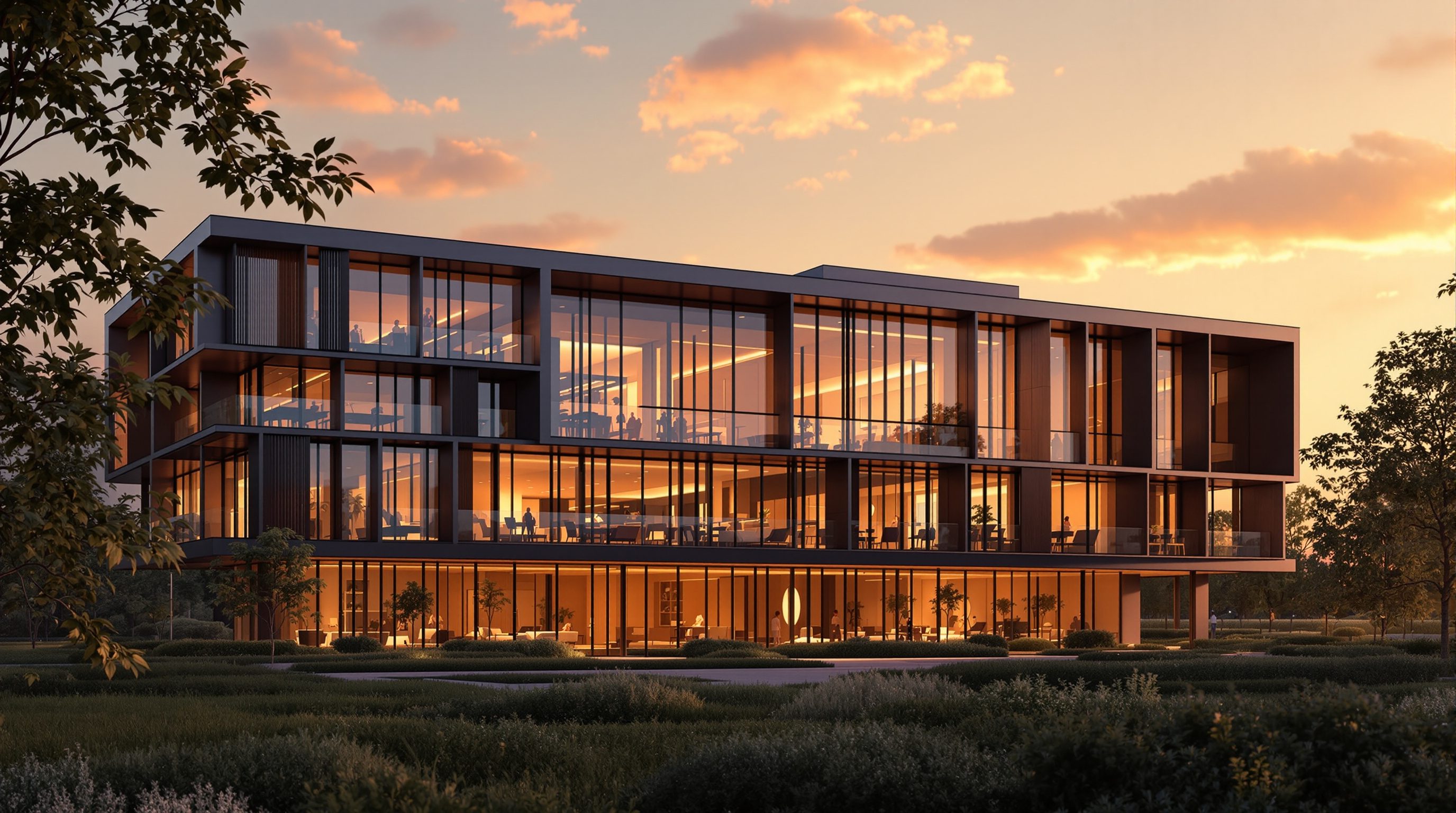 Building performance simulation — a sustainable high-performance building at golden hour with deep shading and daylit interiors