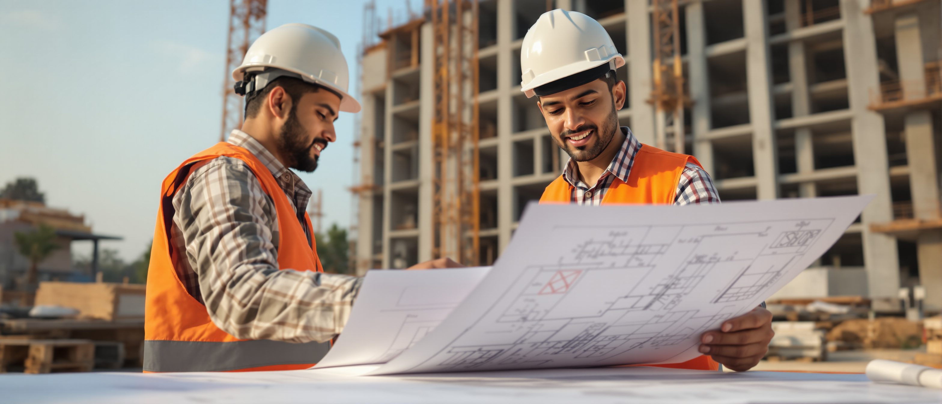 An architect in a hard hat reviewing stamped working-drawing sheets at a construction site as the structure rises behind — the professional duty the Architects Act 1972 ties to the protected title.