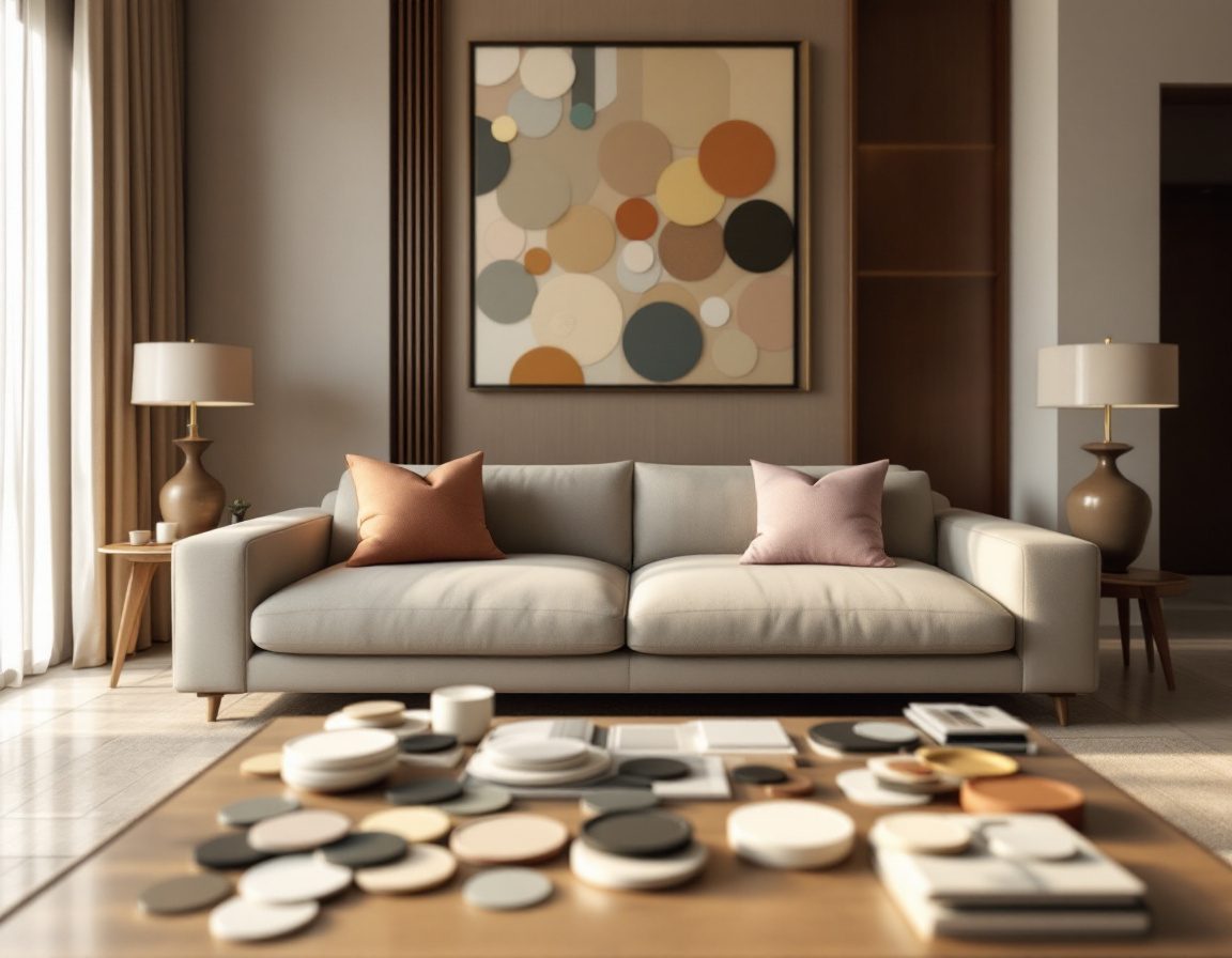 A modern Indian interior with material and fabric samples laid out.