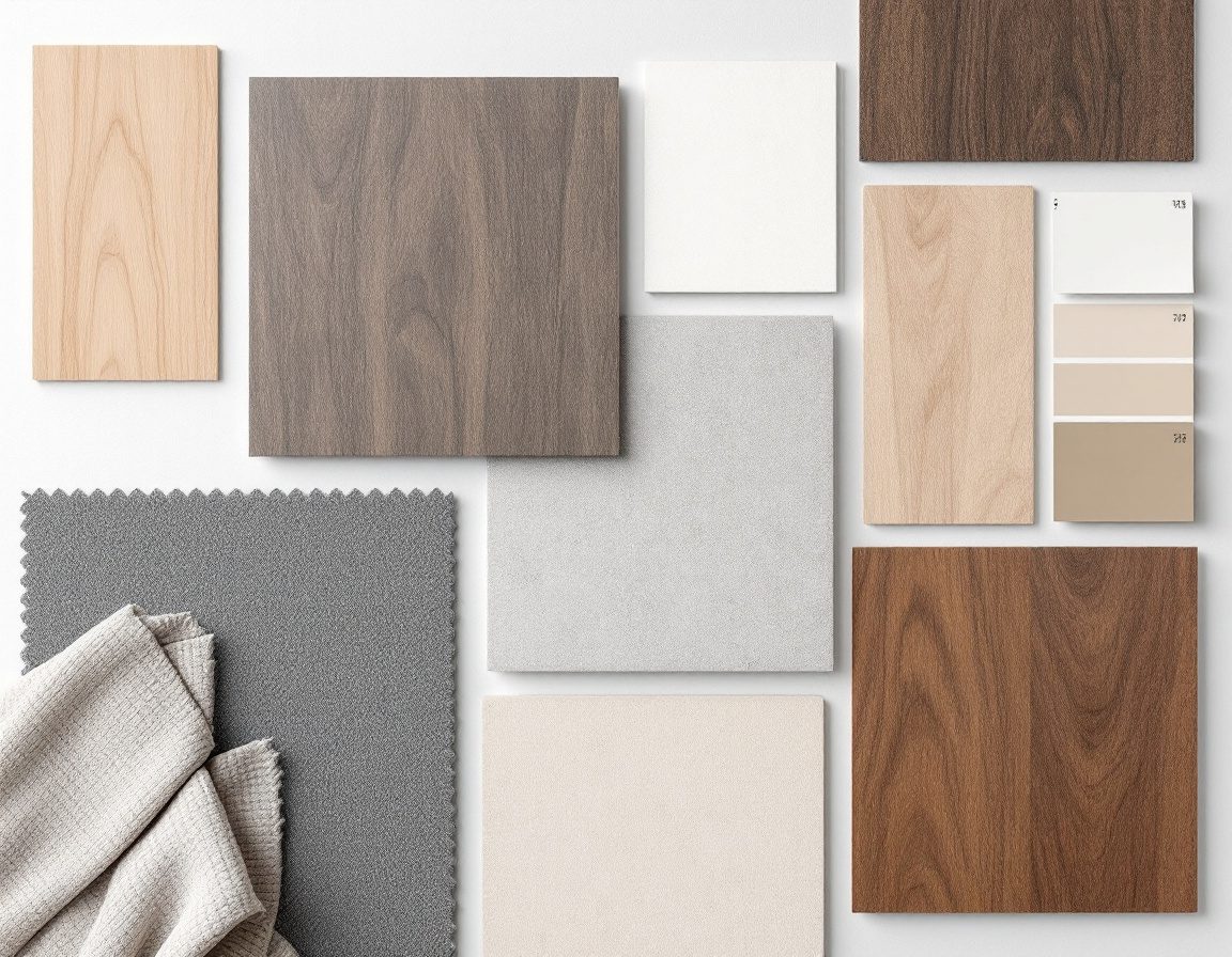 A flatlay of interior finish samples — wood, stone, tile, fabric.