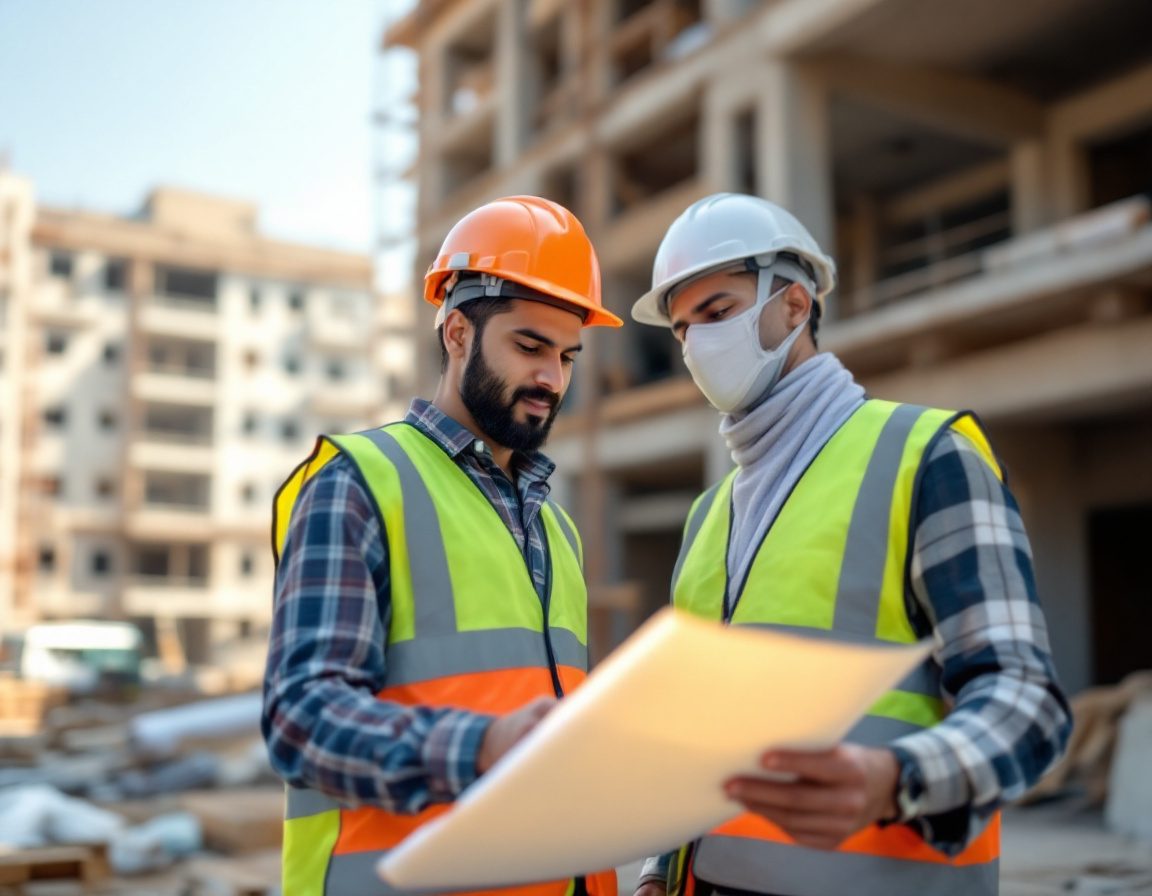 An Indian architect in a hard hat reviewing drawings on site.