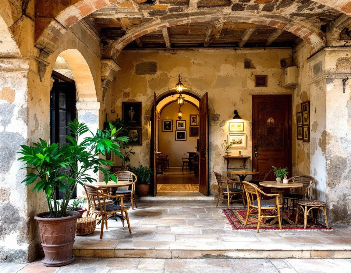 An old Indian building adapted into a cafe, old stone meets new.