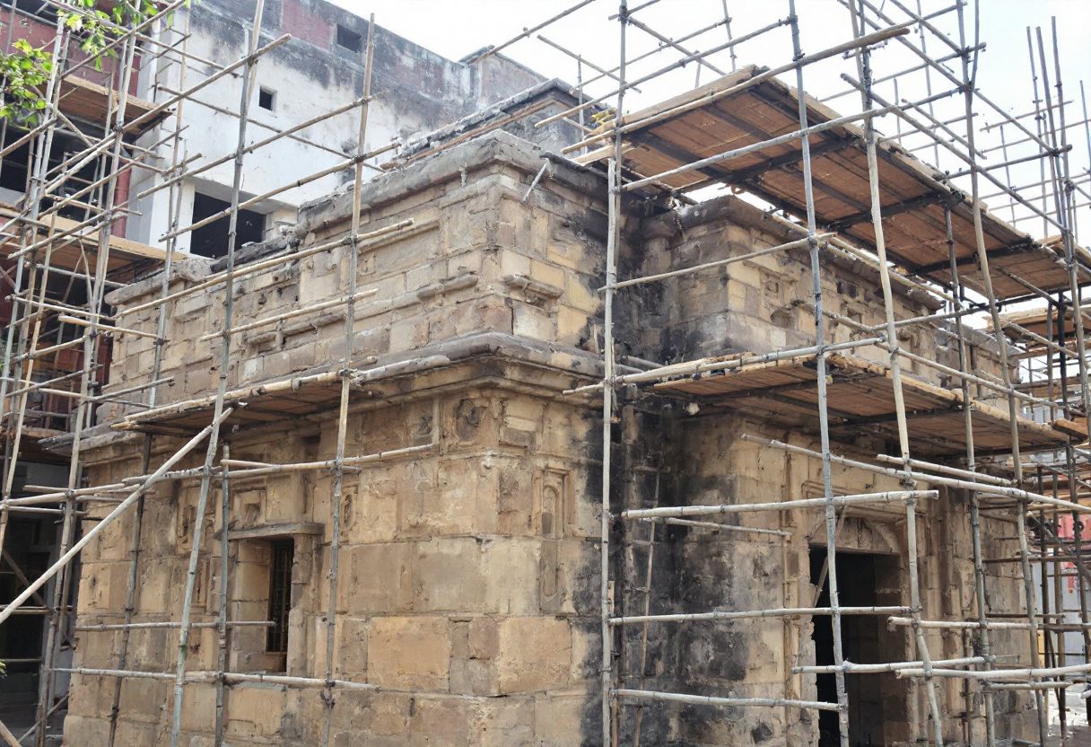 Scaffolding around a historic Indian stone building under restoration.