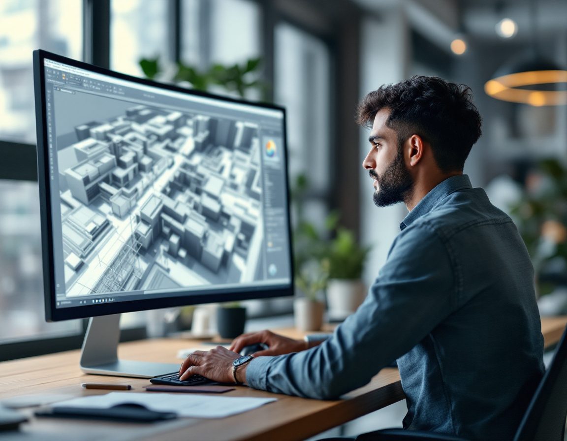 An Indian architect working on a 3D BIM model on screen.