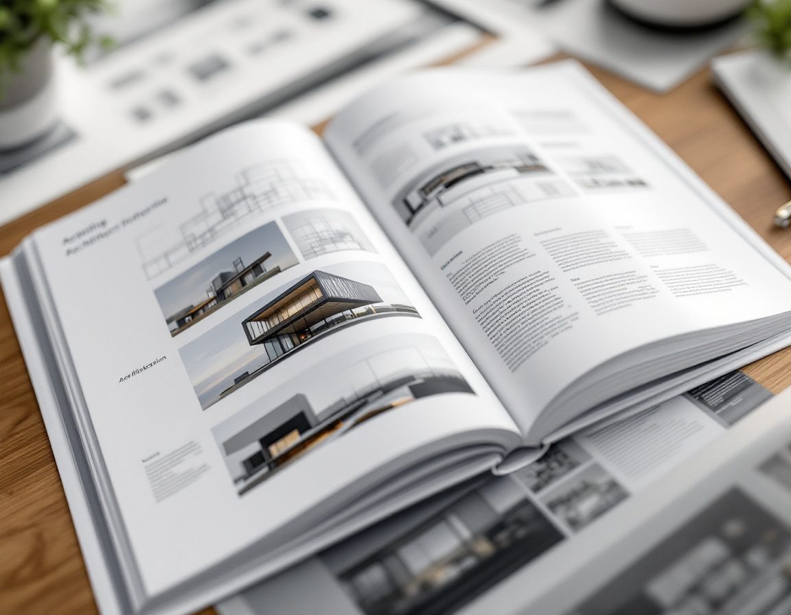 An open, well-laid-out architecture portfolio book on a desk.