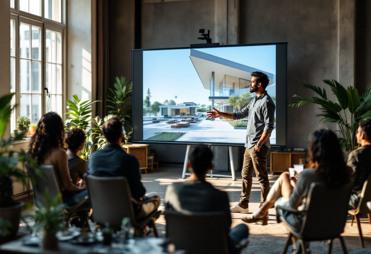 An Indian architect presenting a project to a small audience.