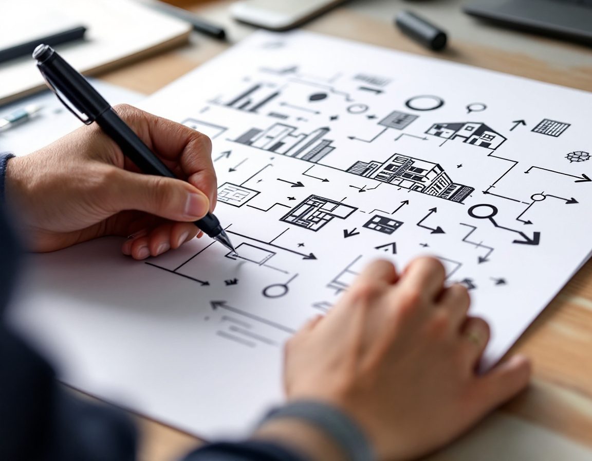 A hand drawing a clean concept diagram of bubbles and arrows.