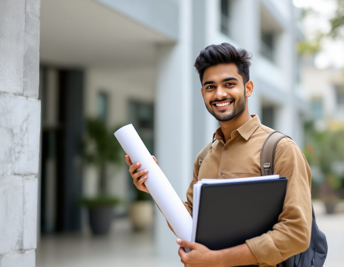 An Indian student with a rolled drawing and portfolio outside a college.