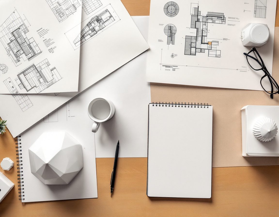 An architect's visual tools — drawings, diagrams, a model, a sketchbook.