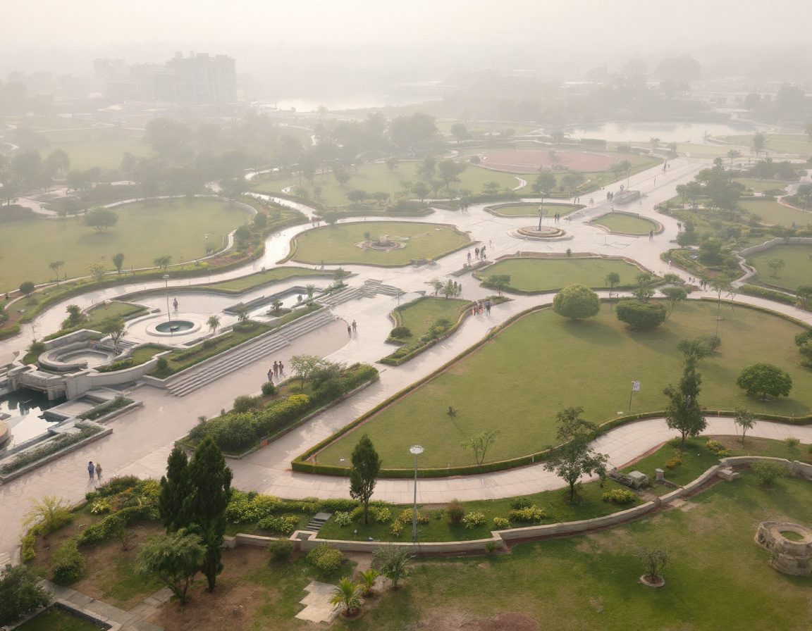 A landscaped Indian public park with paths, planting and water.