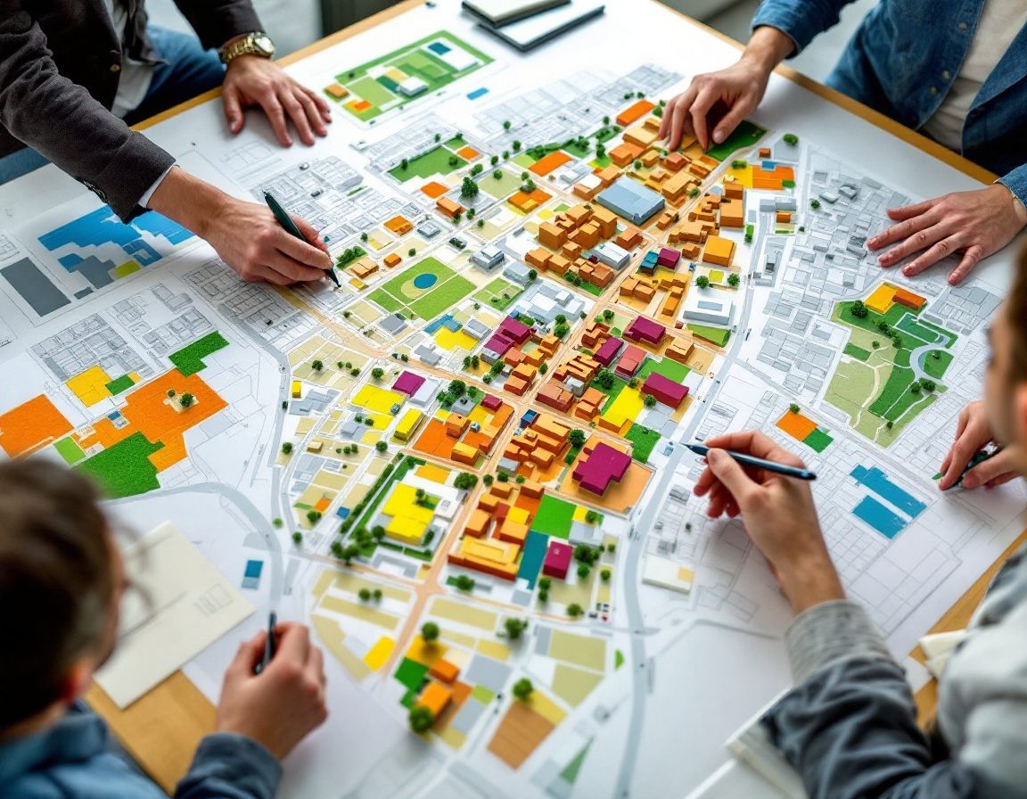 An urban master-plan drawing and city model being studied.