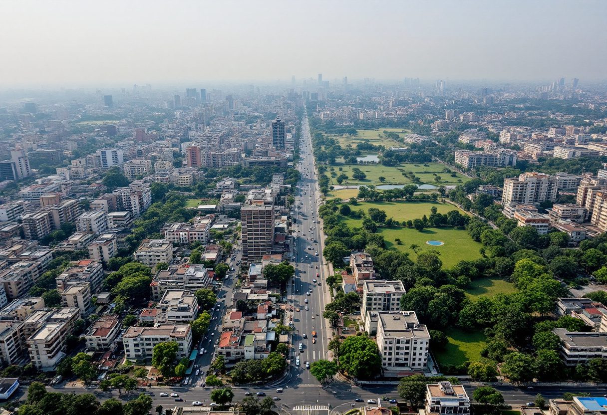 An aerial view of an organised Indian city — grid, blocks, green.