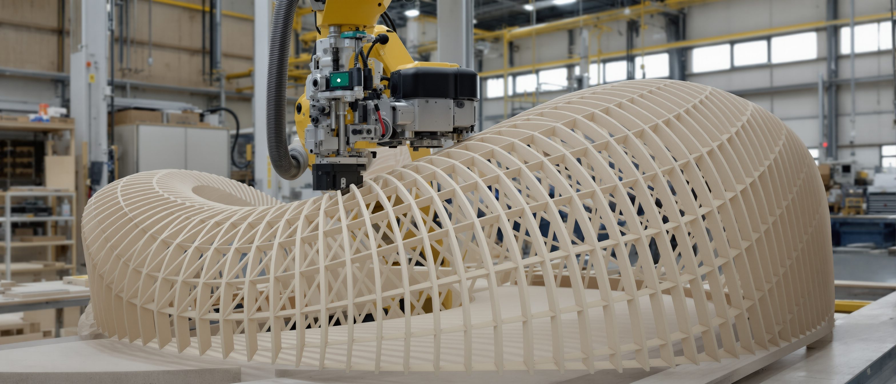 An industrial robotic arm assembling a complex curved computational timber lattice on a fabrication floor: the model's data driving the machine — file-to-factory made physical.