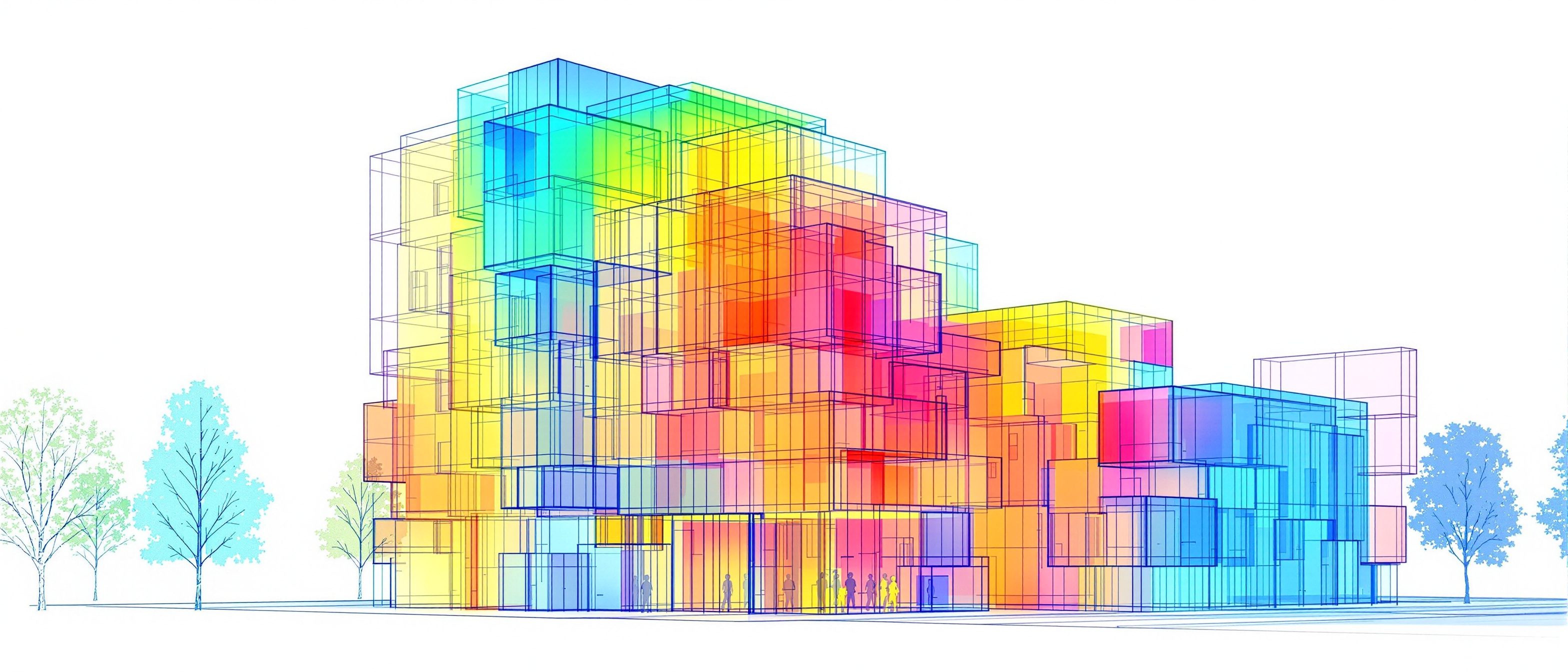 A building massing study with a coloured daylight-analysis gradient washing from cool blue to hot red across its surfaces: form judged by measured performance, not by eye alone.