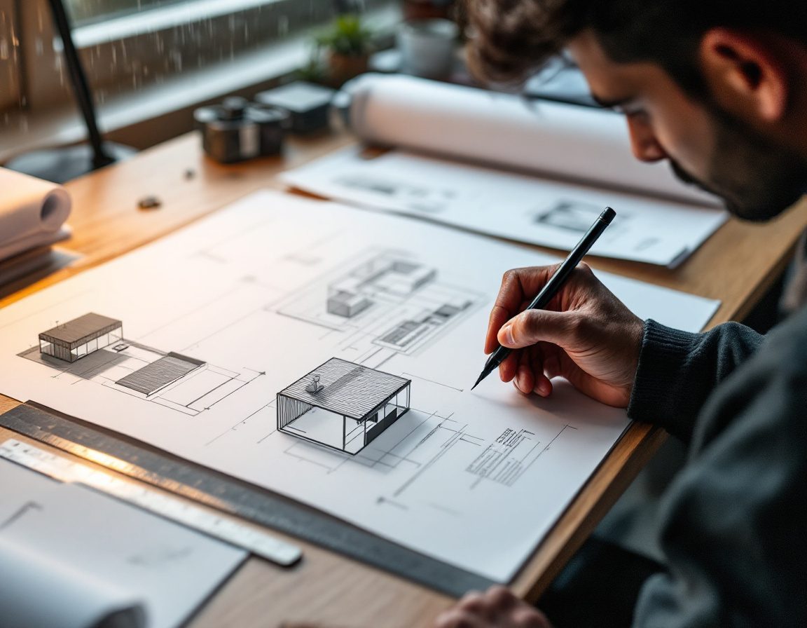 An architecture student sketching a small shelter concept and a section on an A3 sheet