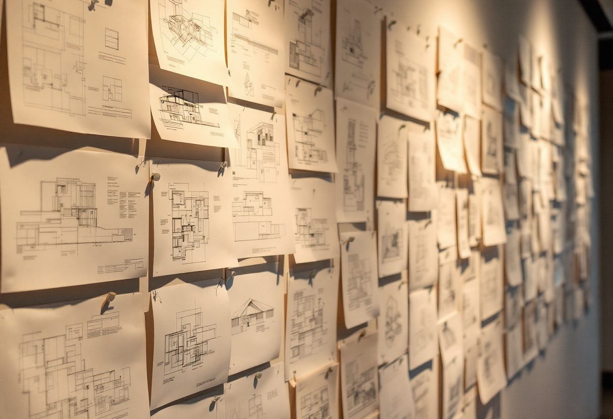 A wall of pinned student architecture drawings at a design-school showcase