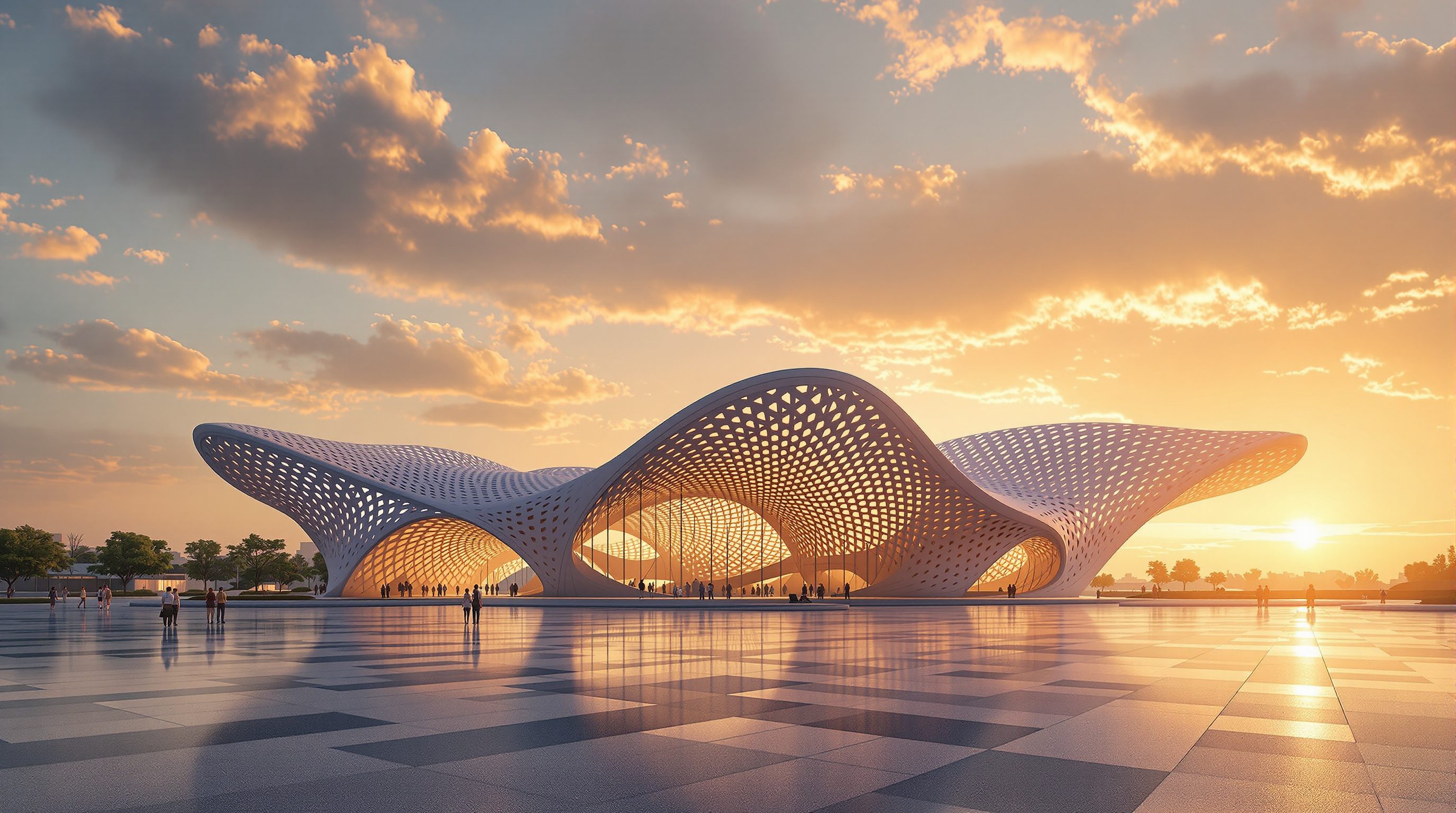 Computational and parametric design — a parametric architecture pavilion with an algorithmic lattice roof at golden hour