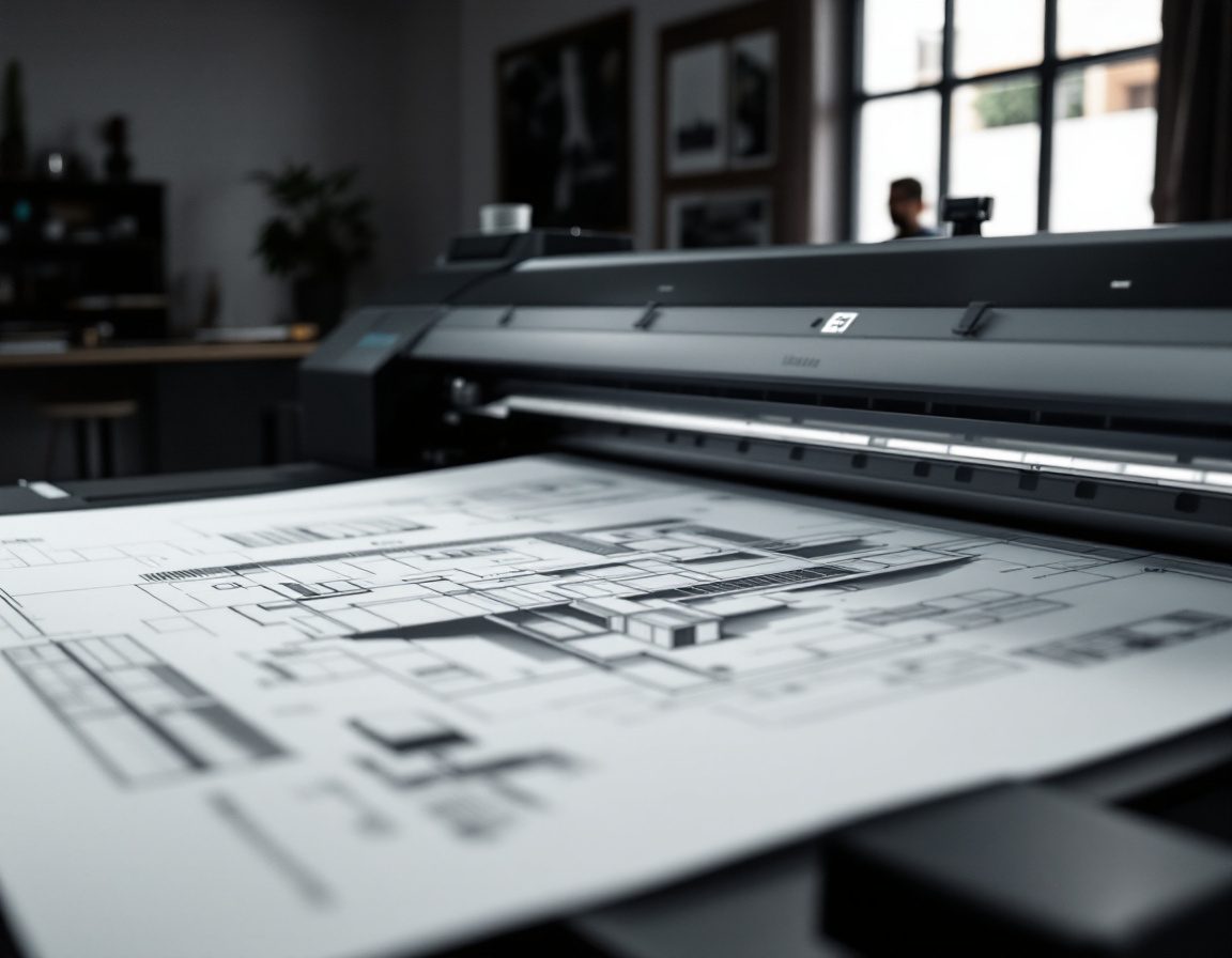 A large-format plotter printing an architectural drawing.