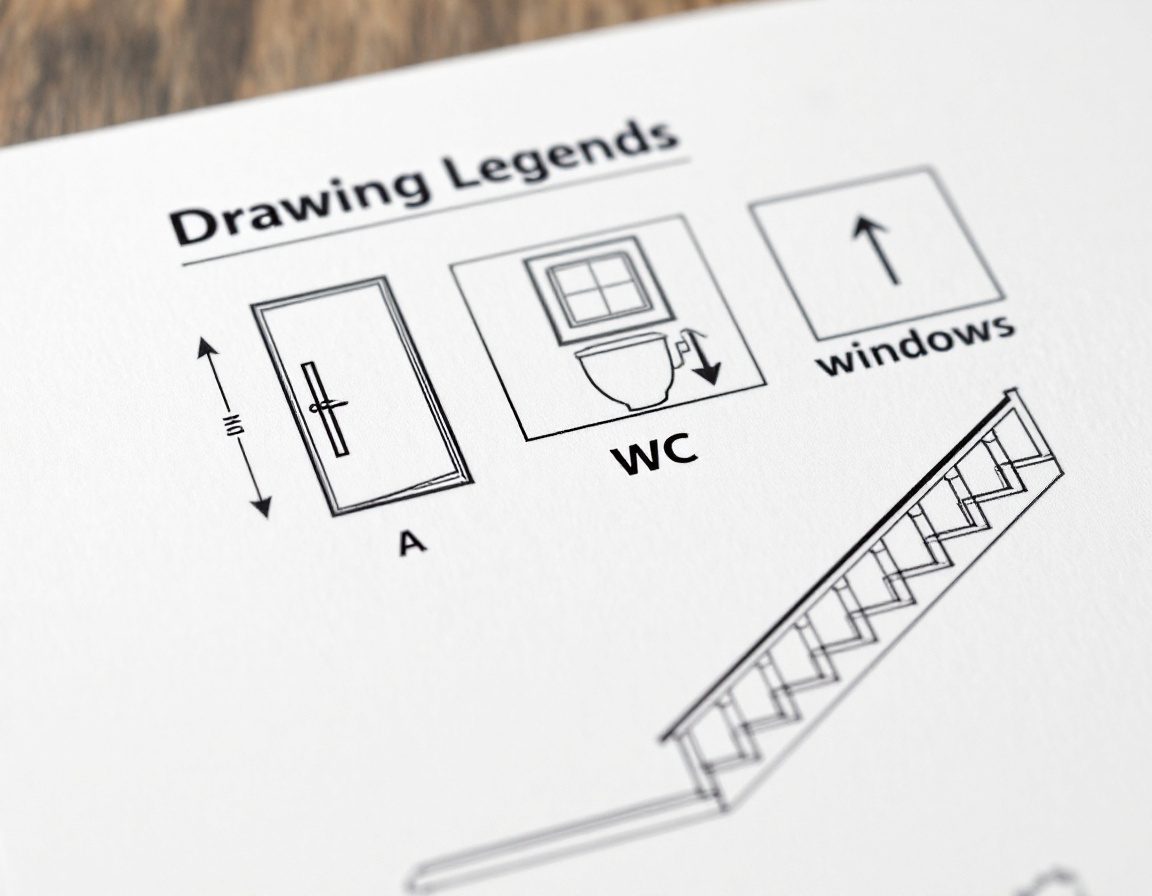 A printed legend sheet of door, window and sanitary symbols.