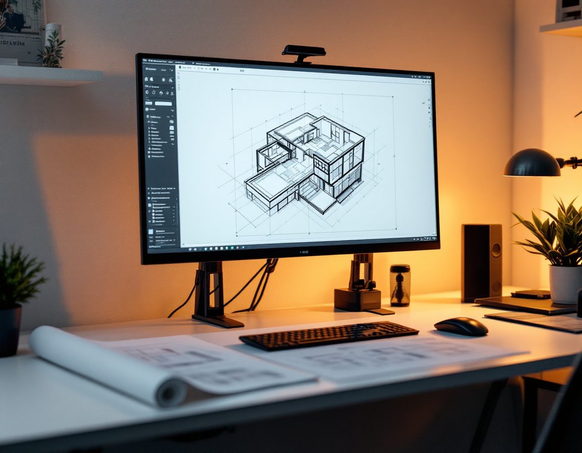 A CAD workstation — a line drawing on screen beside a printed sheet.