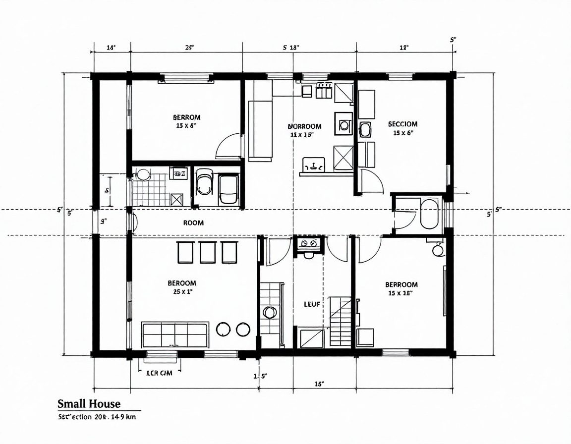 A small-house floor plan with furniture, dimensions and a section line.