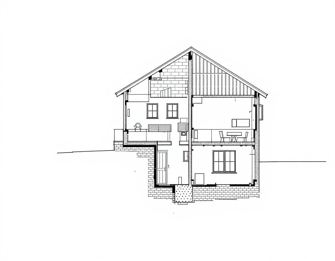 A building section showing floor heights and a hatched cut.