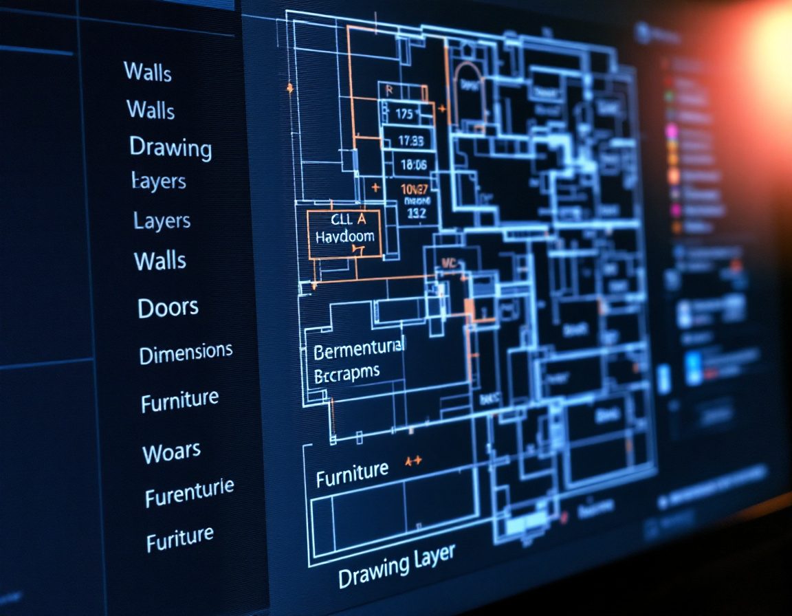 A CAD layers list — walls, doors, dimensions, furniture, each a colour.